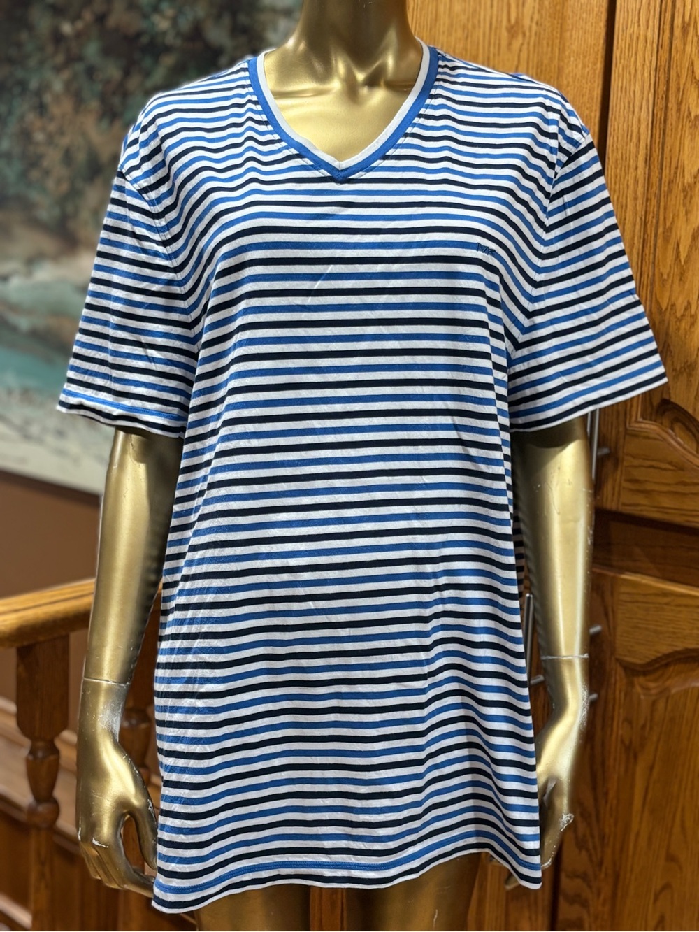 Michael Kors Blue and White Striped V‑Neck Tee